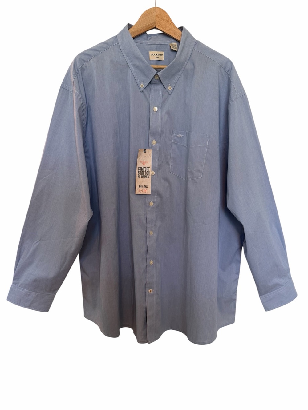 Dockers Shirt Men 2XL Blue Stretch Cotton Button Down Long Slv No Wrinkle Pocket
